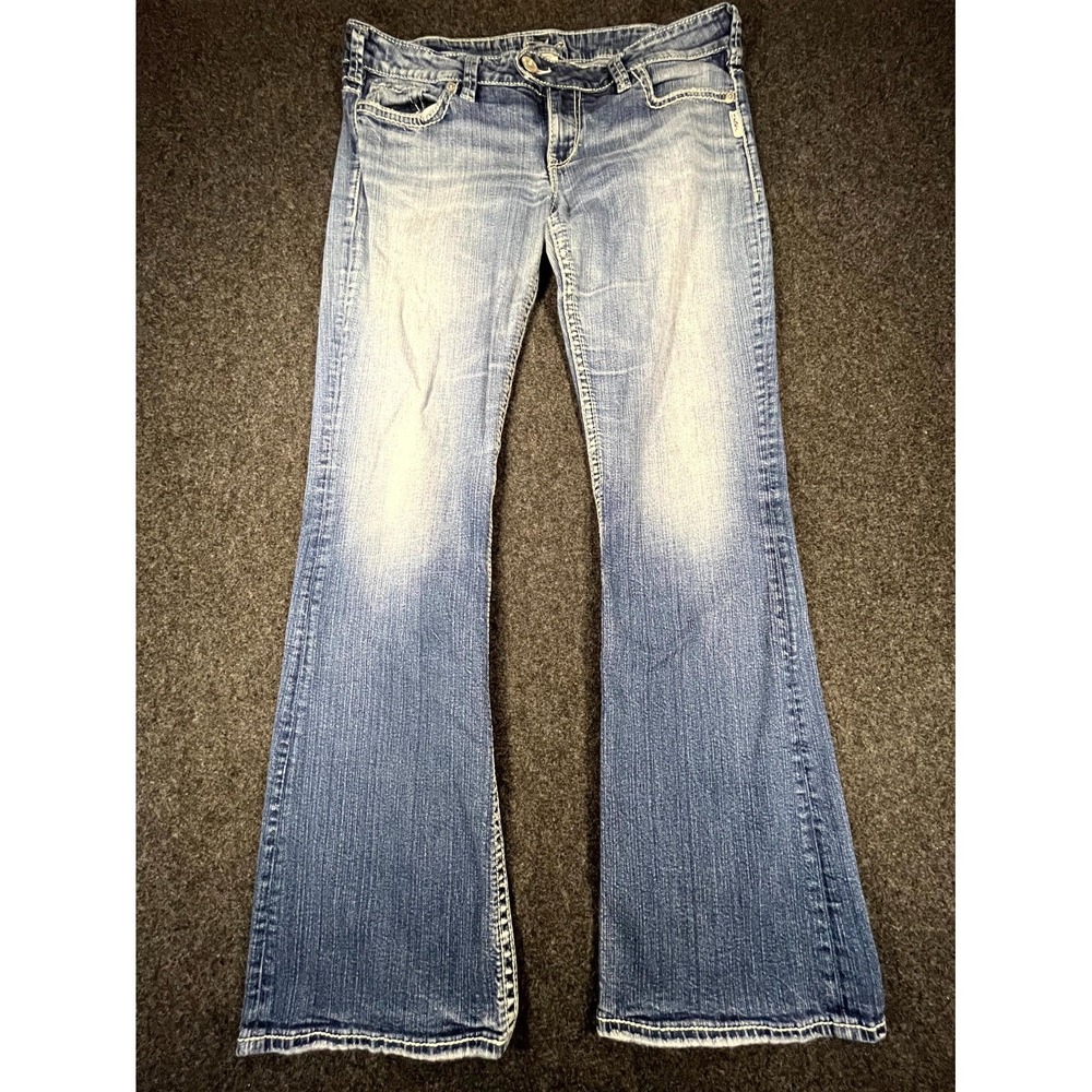 Y2K Silver Tuesday Bootcut Jeans Womens 34x35 Blue Medium Wash‎ Denim Rhinestone